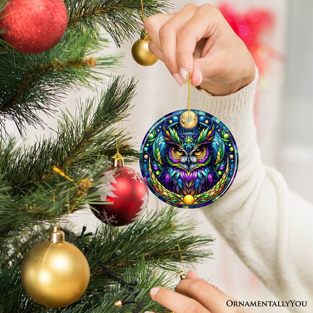 Nocturnal Enchanter Mysterious Owl Stained Glass Style Ceramic Ornament, Halloween Themed Christmas Gift and Decor - Circle