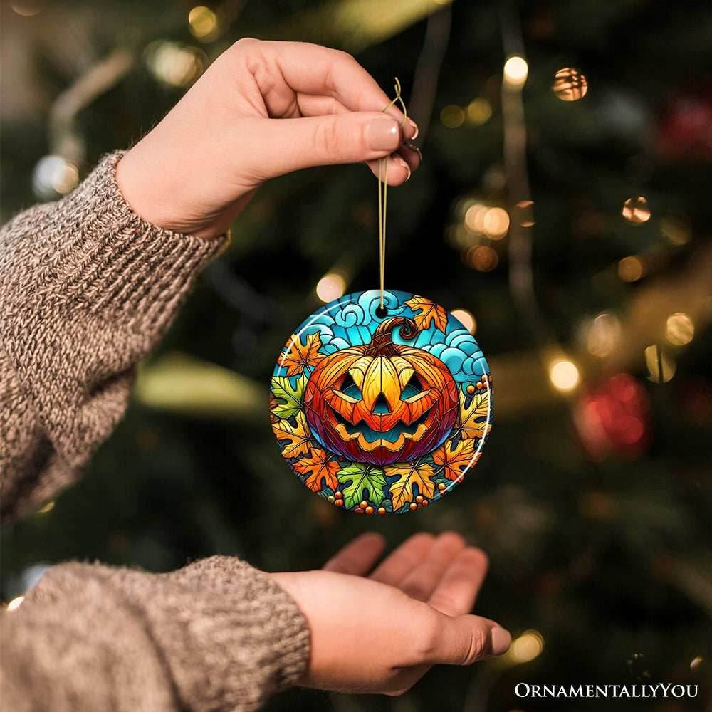 Pumpkin Spice and Crispy Leaves Stained Glass Style Ceramic Ornament, Halloween Themed Christmas Gift and Decor - Circle