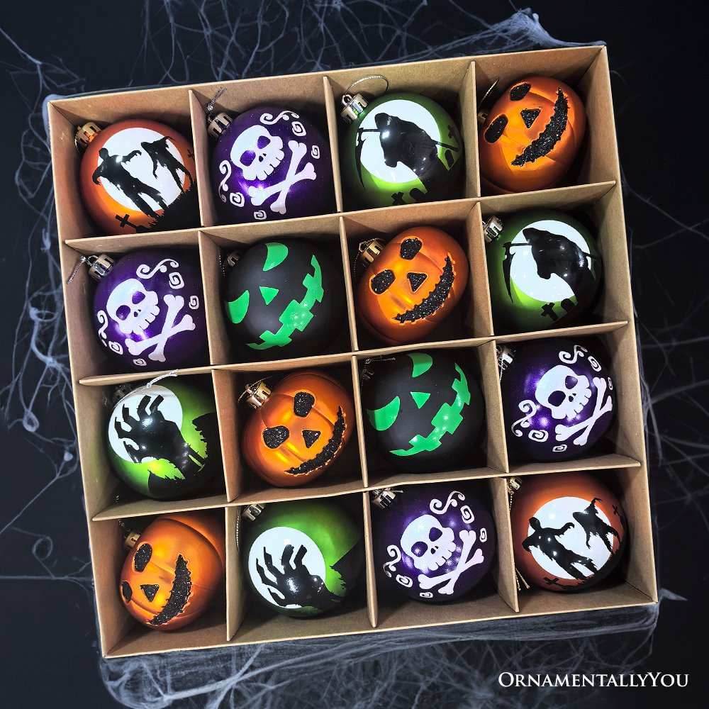 The Face of Spooky Horror 16 Piece Ornament Shatterproof Bundle Set, Halloween Pumpkin, Zombie, and Goblin - 