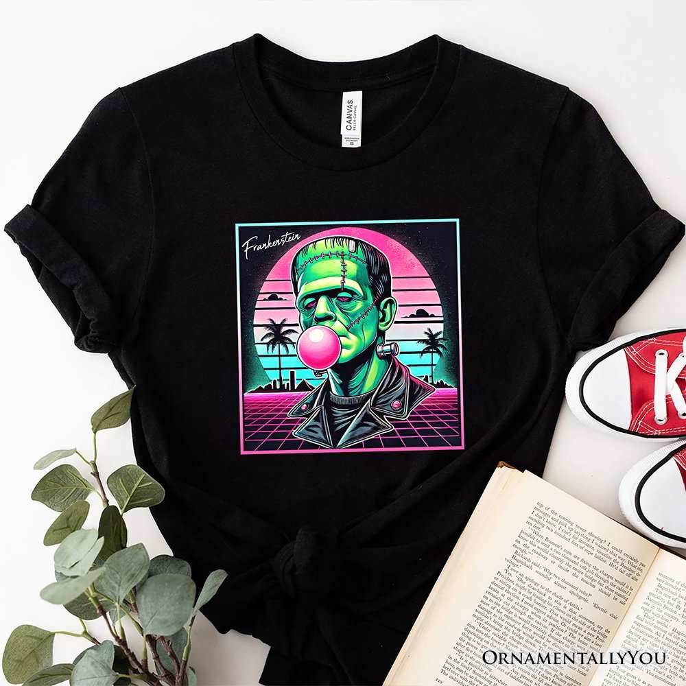 Vaperwave Frankenstein Retro Neon Horror T-Shirt, Synthwave 80's Styled Classic Halloween Tee - Black / XS