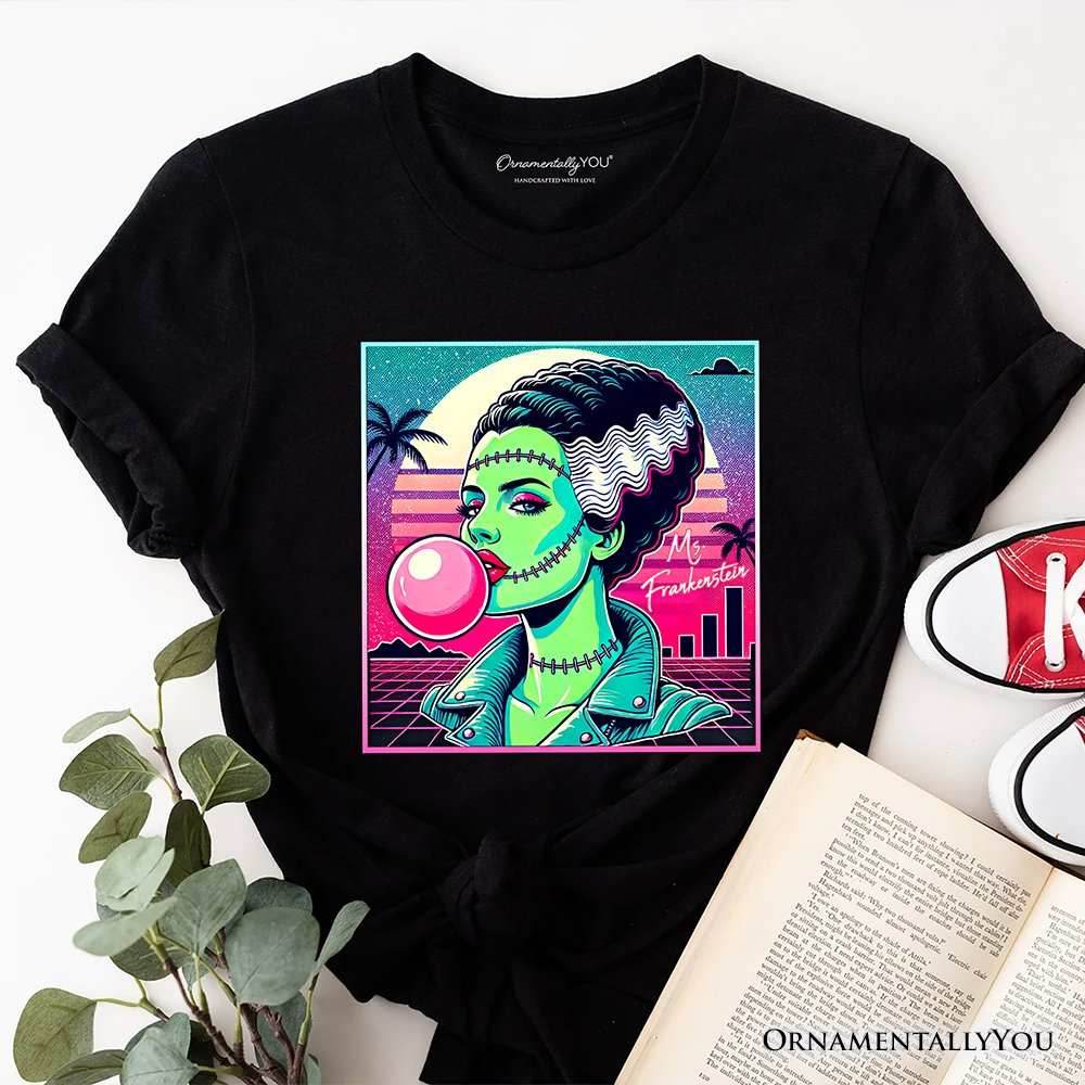 Vaperwave Mrs Frankenstein Retro Neon Horror T-Shirt, Synthwave 80's Styled Classic Halloween Tee - Black / XS