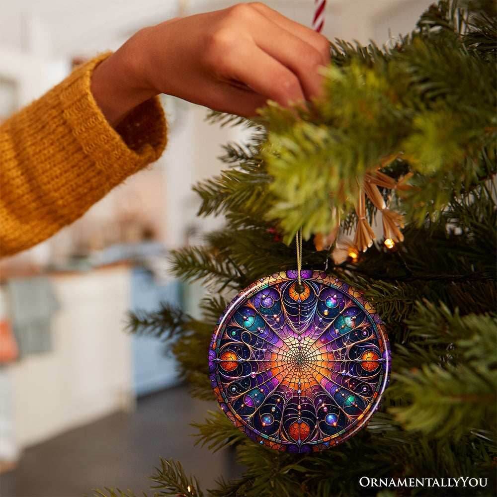 Whispering Shadows Enchanted Cobweb Stained Glass Style Ceramic Ornament, Halloween Themed Christmas Gift and Decor - Circle