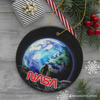 Artistic NASA Handcrafted Christmas Ornament, Astronaut in Outer Space with the Planets - Circle / Version 1