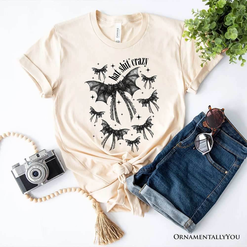 Bat Shit Crazy Coquette Bats T-Shirt, Funny Halloween Tee for Wild and Wicked Spirits - Natural / XS