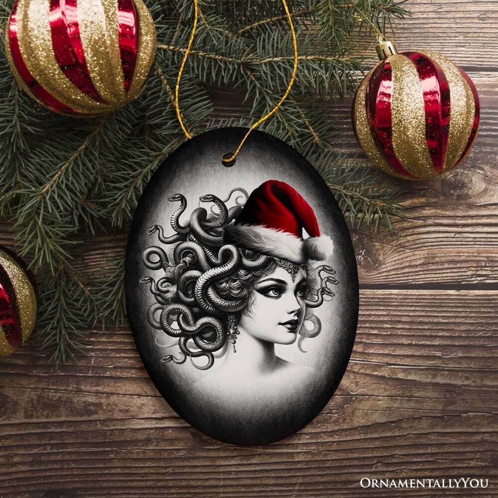 Bewitching Medusa with Santa Hat Ornament, Alluring Christmas Decoration for Halloween Tree Keepsake - Oval