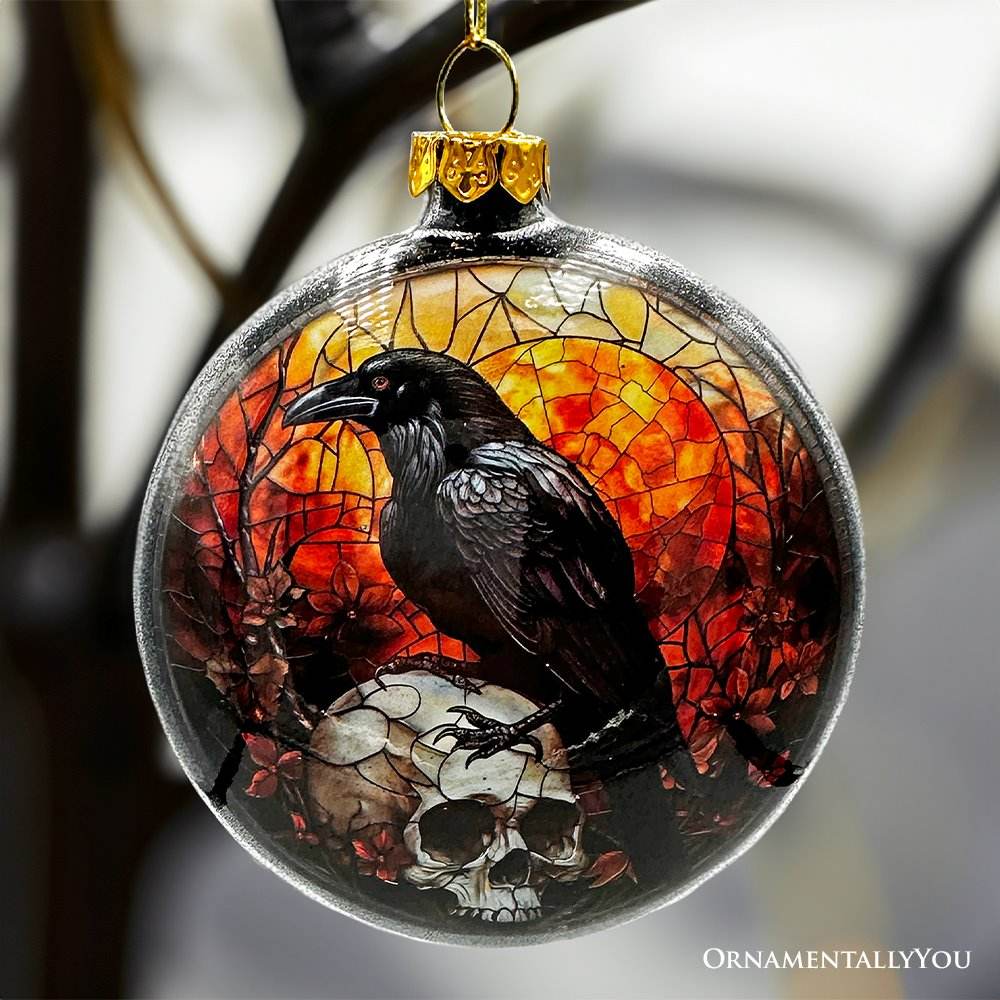 Creepy Stained Glass Skeleton and Raven Haunted Ornament, Halloween Horror and Christmas Tree Decor - 