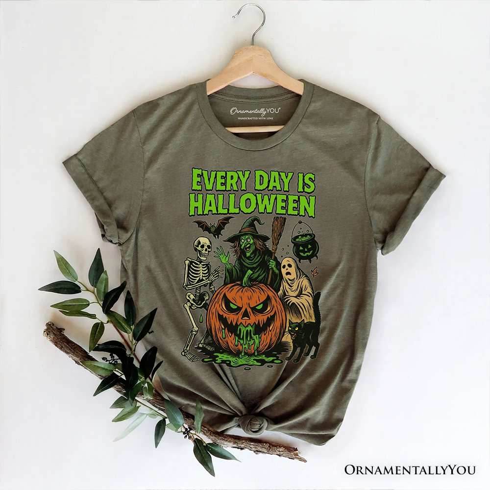Every Day Is Halloween T-Shirt, Vintage Pumpkin Witch Spooky Tee for Eternal Spook Enthusiasts - Military Green / XS