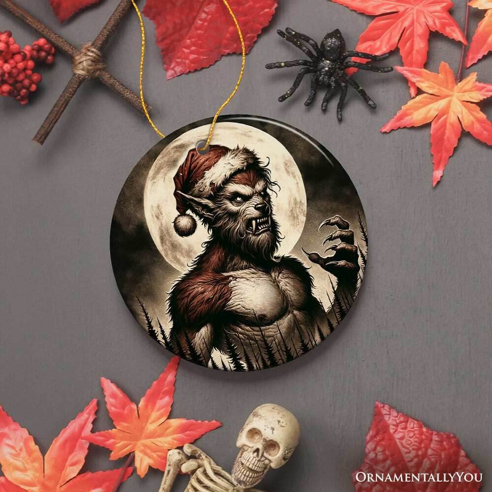 Ferocious Werewolf with Santa Hat Ornament, Terrifying Holiday Gift for Halloween Lovers - Circle / Version 2