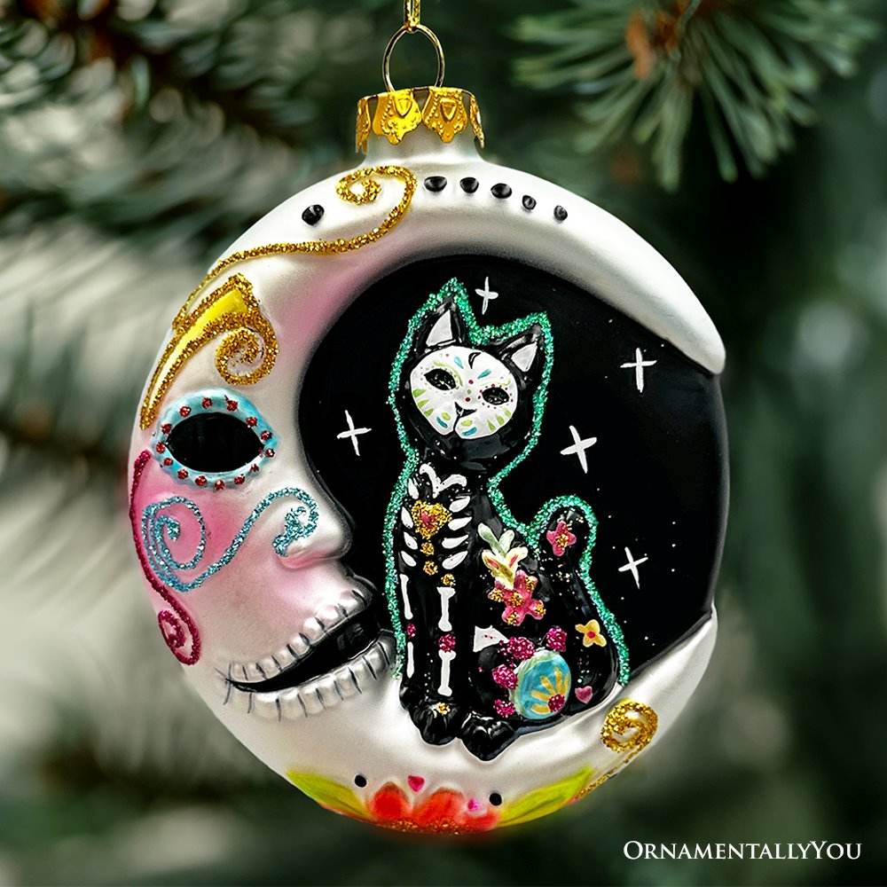 Folkloric Siamese Cat Sugar Skull Glass Ornament, Celestial Crescent Moon Halloween Decor - 