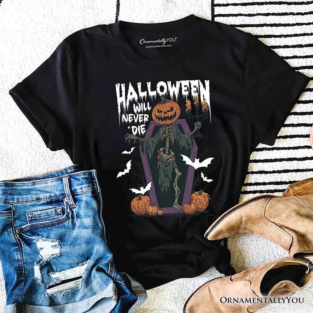 Halloween Will Never Die T-Shirt, Vintage Pumpkin Coffin Skeleton Tee - Black / XS