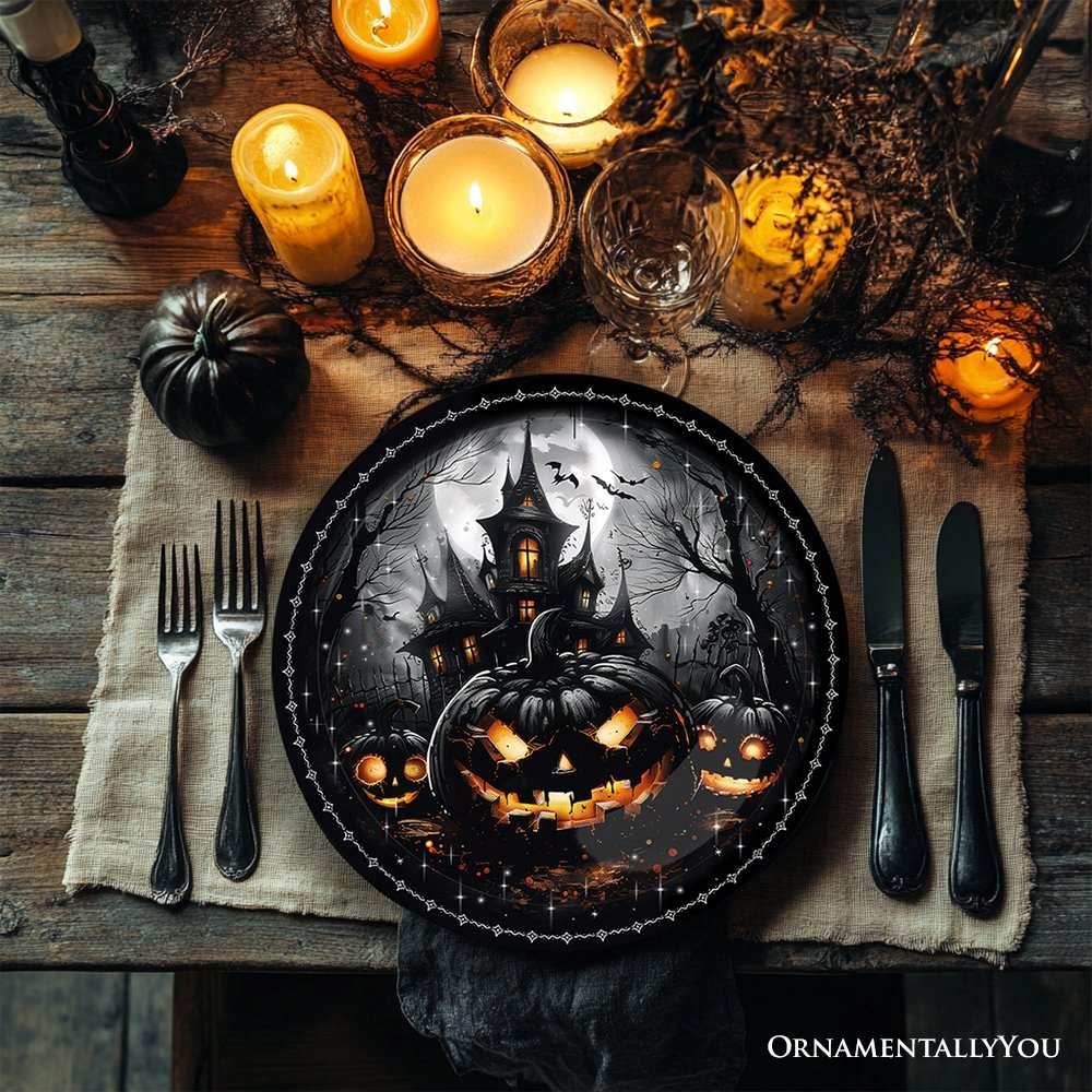 Haunted Night Set of 4 Plates, Black Halloween Tableware Collection for Salad, Dessert, Appetizer, and Side Plates - 