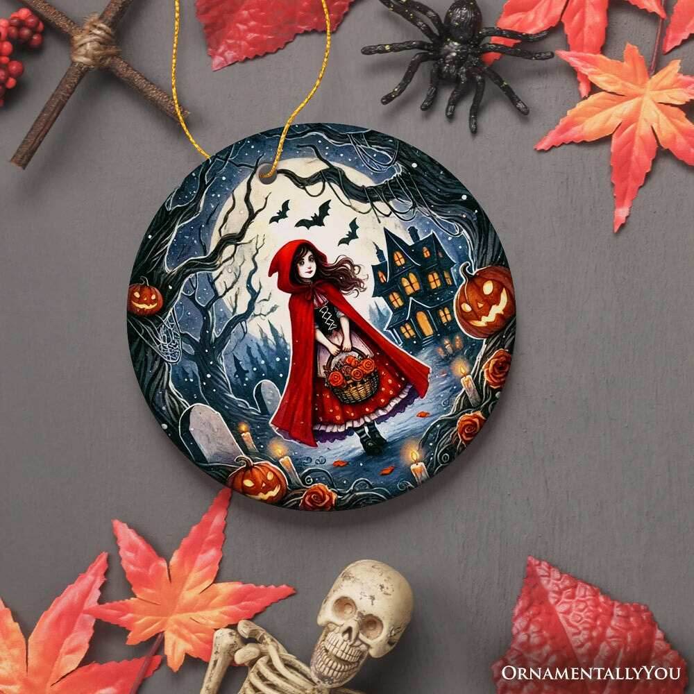 Mysterious Red Riding Hood in the Woods Ornament, Spooky Halloween Tree Decor - Circle / Version 2