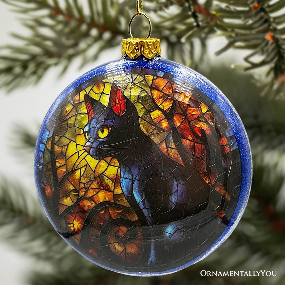 Witch and Black Cat Stained Glass Handblown Ornament, Spooky Halloween and Christmas Tree Decor - 