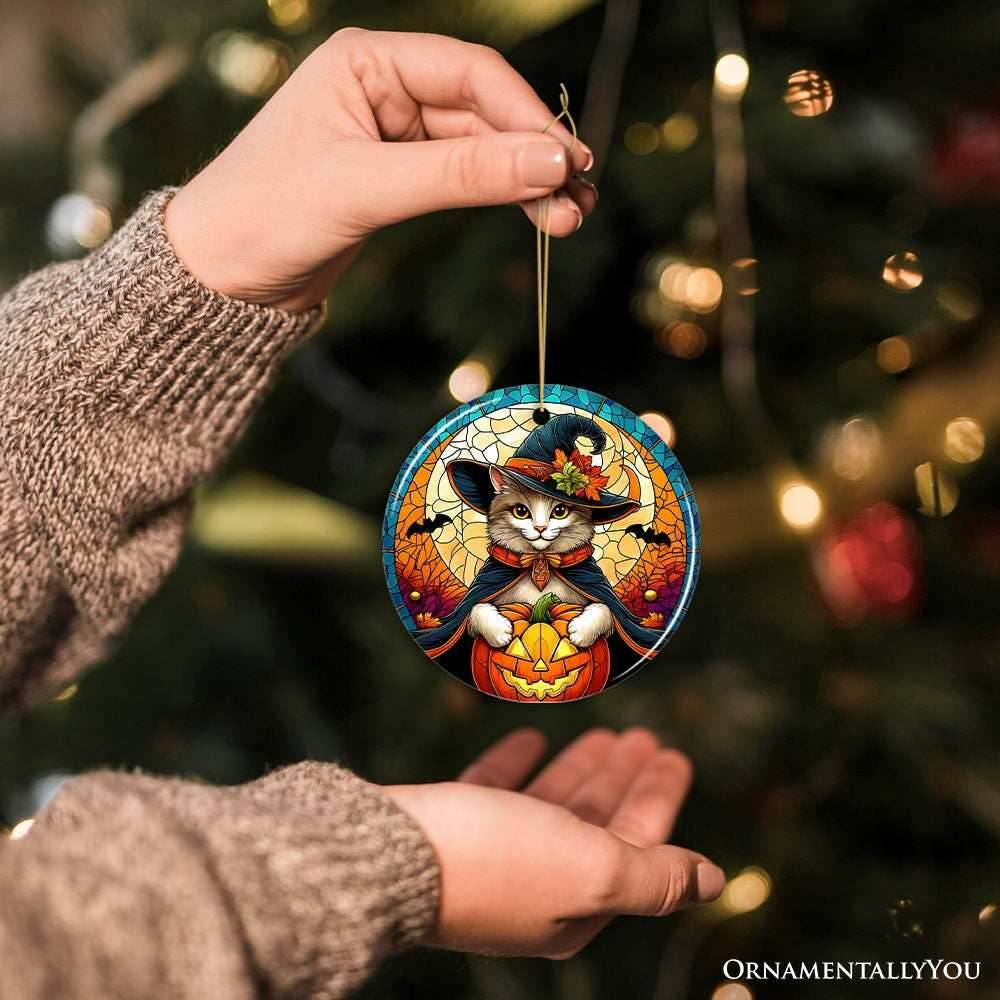 Enchanted Cat Witch Stained Glass Style Ceramic Ornament, Halloween Themed Christmas Gift and Decor - Circle / White Cat Version