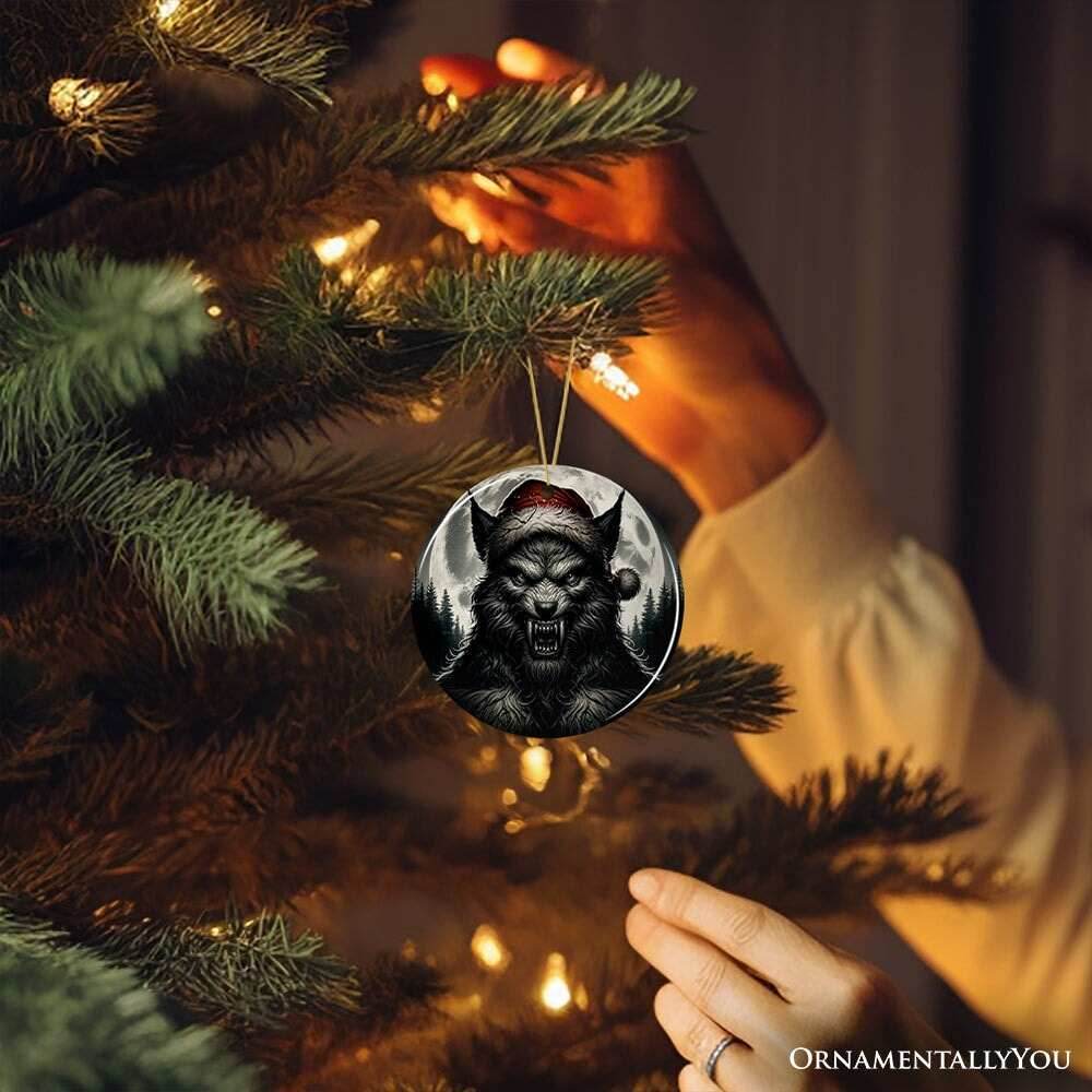 Ferocious Werewolf with Santa Hat Ornament, Terrifying Holiday Gift for Halloween Lovers - Circle / Version 1