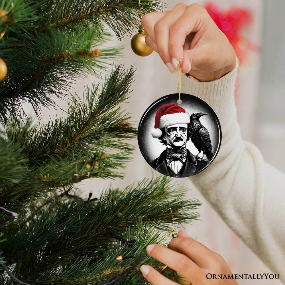 Gothic Edgar Allan Poe with Santa Hat And Raven Ornament, Spooky Halloween Tree Christmas Decor - Circle