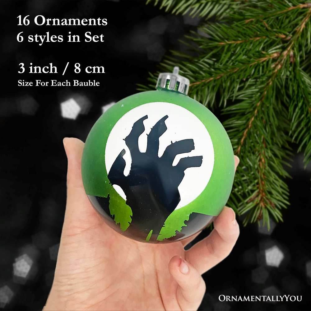 The Face of Spooky Horror 16 Piece Ornament Shatterproof Bundle Set, Halloween Pumpkin, Zombie, and Goblin - 