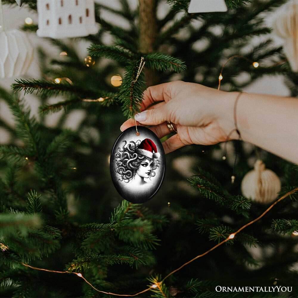 Bewitching Medusa with Santa Hat Ornament, Alluring Christmas Decoration for Halloween Tree Keepsake - Circle