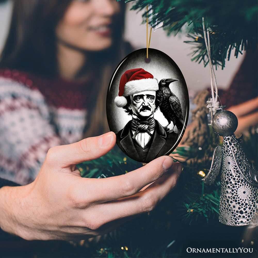 Gothic Edgar Allan Poe with Santa Hat And Raven Ornament, Spooky Halloween Tree Christmas Decor - Circle