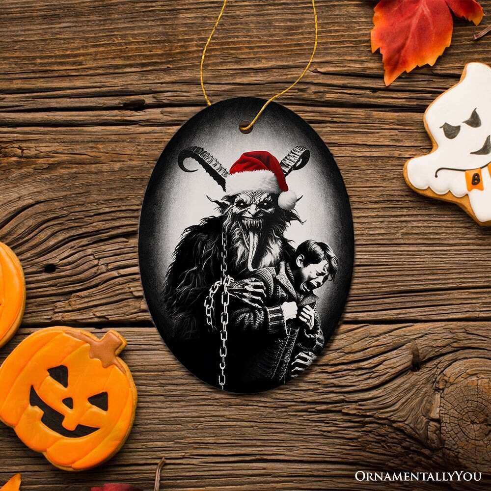 Horrifying Krampus With Santa Hat Ceramic Ornament, Keepsake For Unique Halloween Tree Christmas Decor - Oval