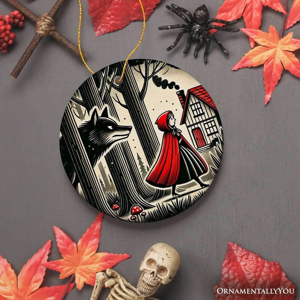 Mysterious Red Riding Hood in the Woods Ornament, Spooky Halloween Tree Decor - Circle / Version 3