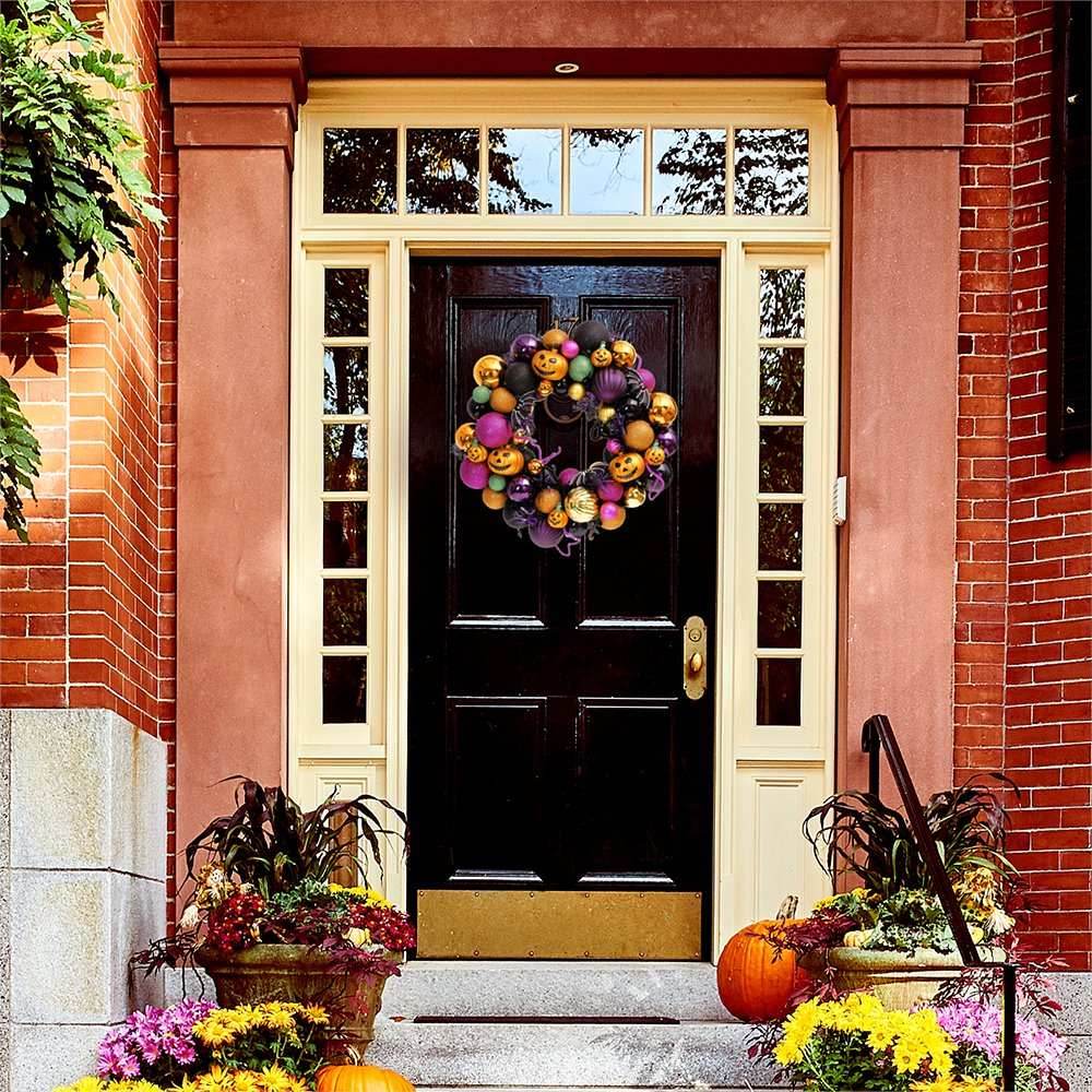 Spooktacular Halloween Ornament Bauble Wreath, Spooky Door or Home Decoration with Pumpkins, Bats, Spiders - 