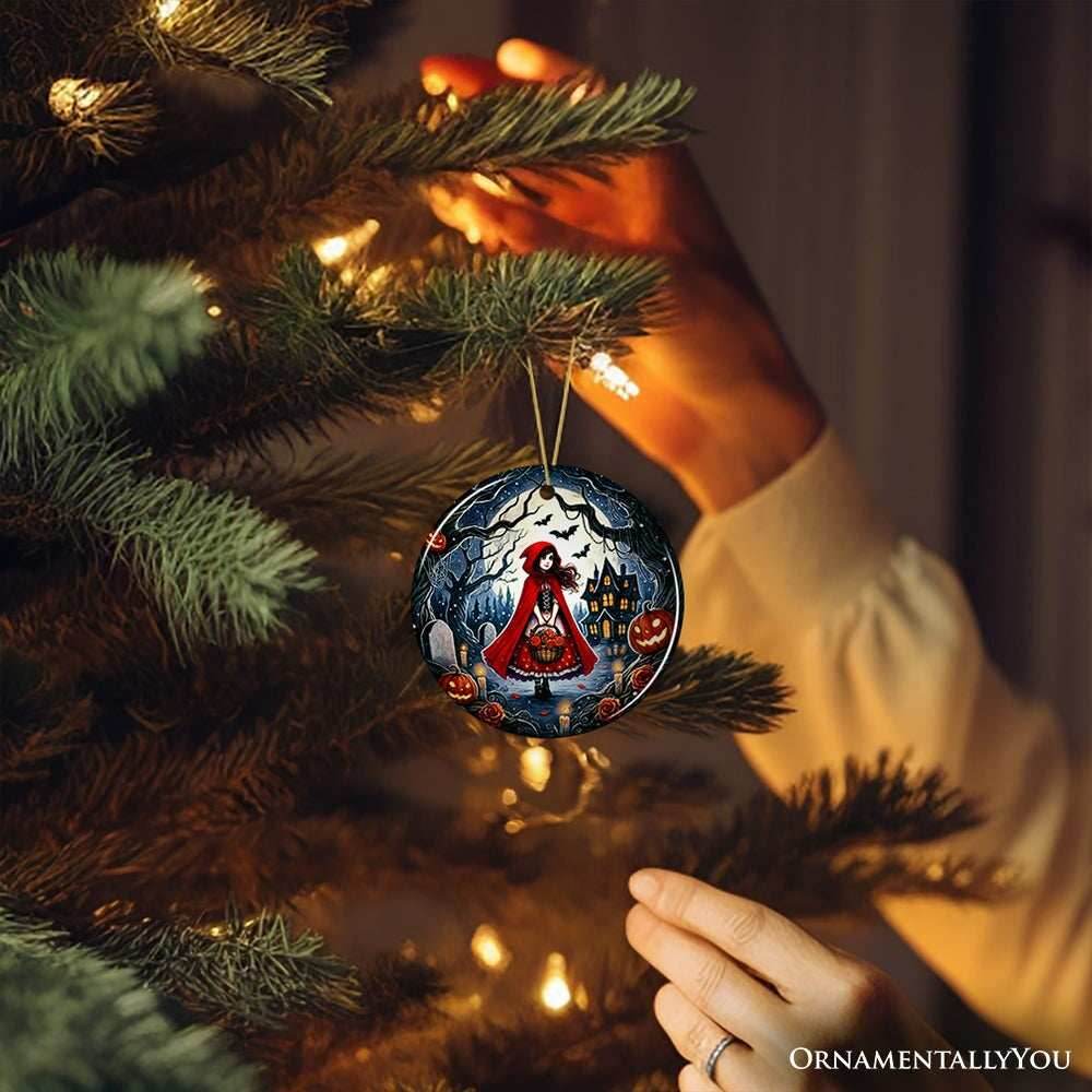Mysterious Red Riding Hood in the Woods Ornament, Spooky Halloween Tree Decor - Circle / Version 1