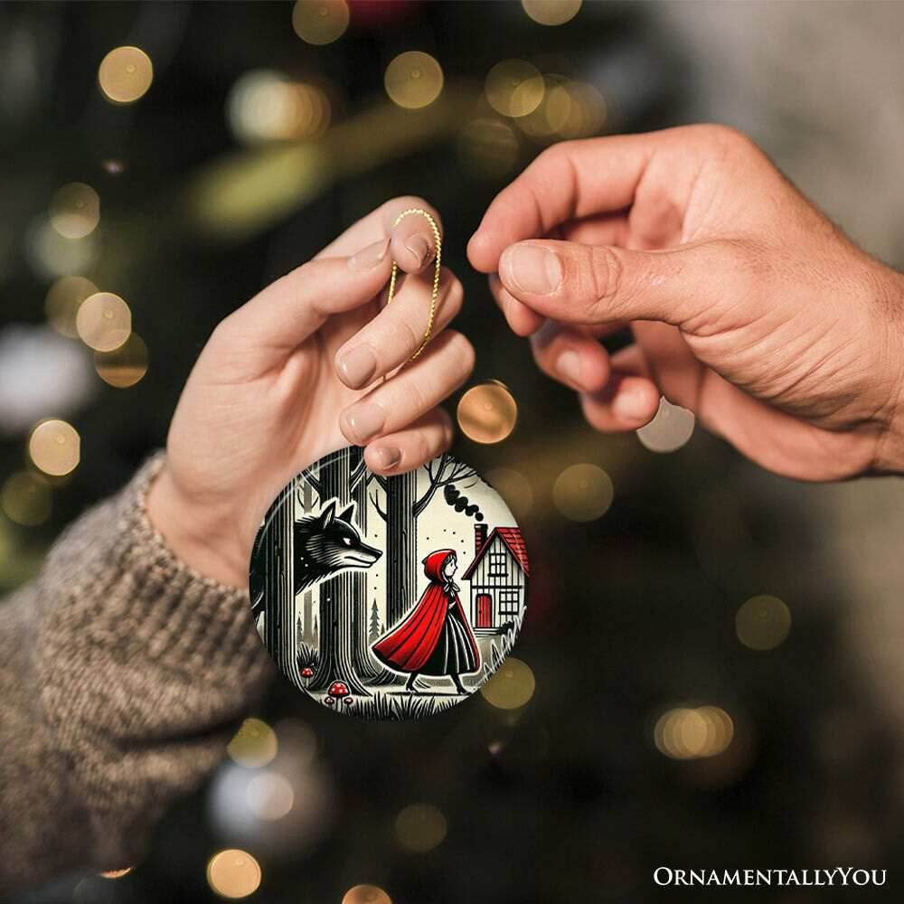 Mysterious Red Riding Hood in the Woods Ornament, Spooky Halloween Tree Decor - Circle / Version 1