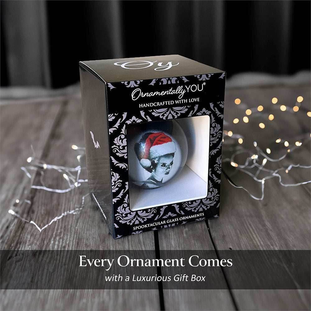 Frankenstein's Bride Christmas Spooky Portrait Glass Ornament, Black Horror Halloween Tree Decoration - 