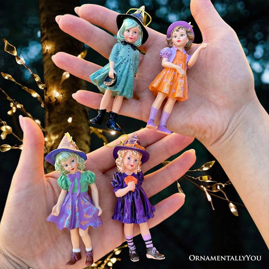 Classic Victorian Little Witch Girls Set of 4 Ornaments, Vintage Halloween Tree Resin Decoration - 