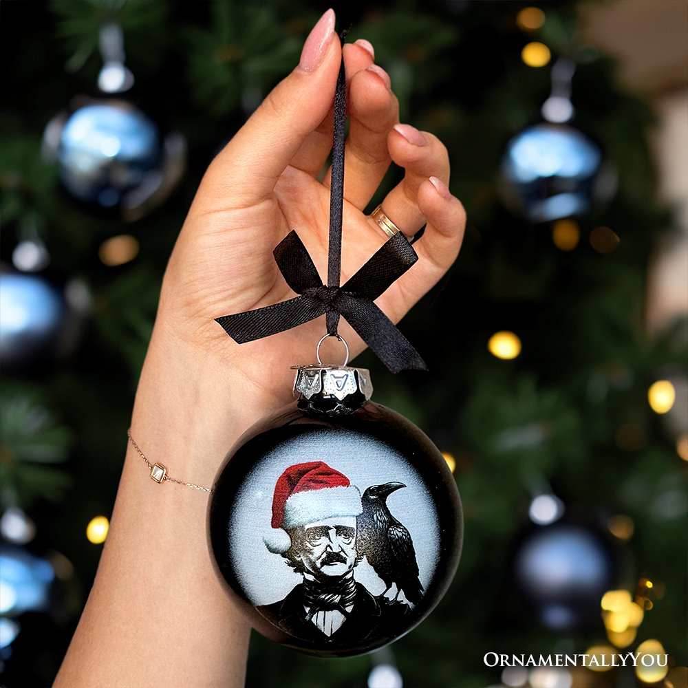 Edgar Allan Poe Spooky Christmas Portrait Glass Ornament, Black Horror Halloween Tree Decoration - 