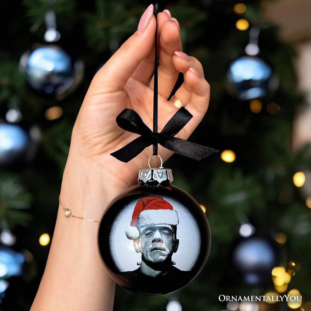 Frankenstein Christmas Spooky Portrait Glass Ornament, Black Horror Halloween Tree Decoration - 