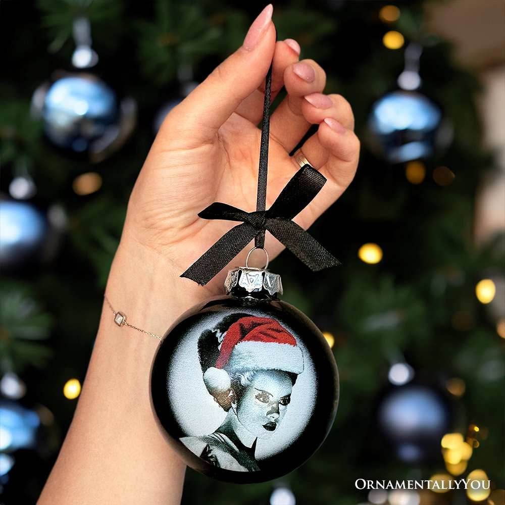 Frankenstein's Bride Christmas Spooky Portrait Glass Ornament, Black Horror Halloween Tree Decoration - 