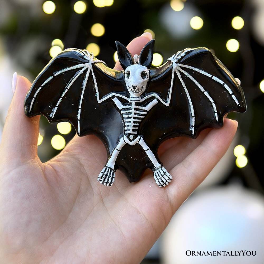 Gothic Bat Skeleton Handcrafted Glass Ornament, Horror Tree Halloween Decor - 