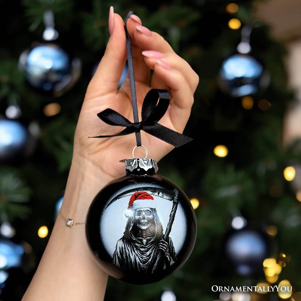 Grim Reaper Christmas Spooky Portrait Glass Ornament, Black Horror Halloween Tree Decoration - 