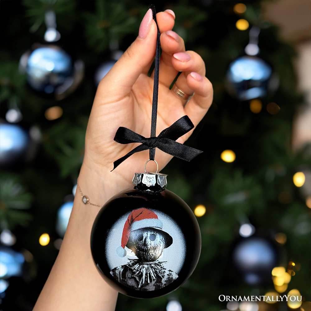 Scarecrow Christmas Spooky Portrait Glass Ornament, Black Horror Halloween Tree Decoration - 