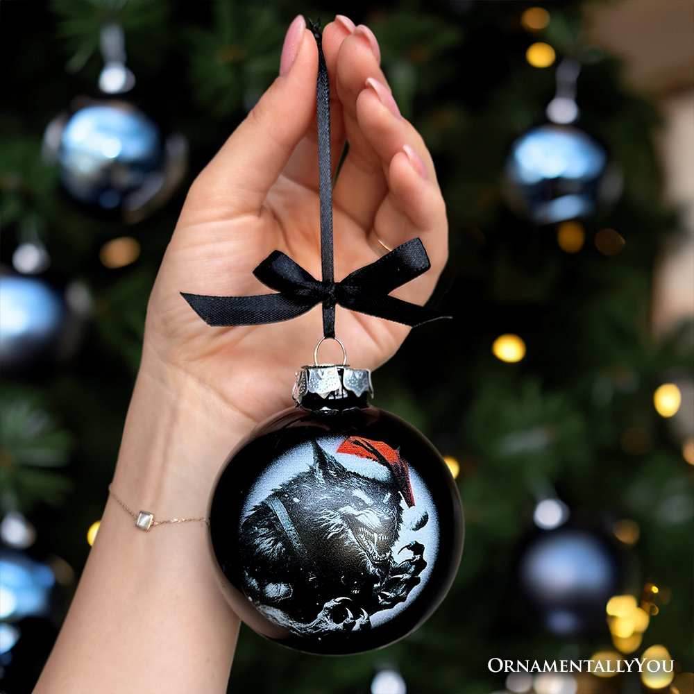 Werewolf Christmas Spooky Portrait Glass Ornament, Black Horror Halloween Tree Decoration - 