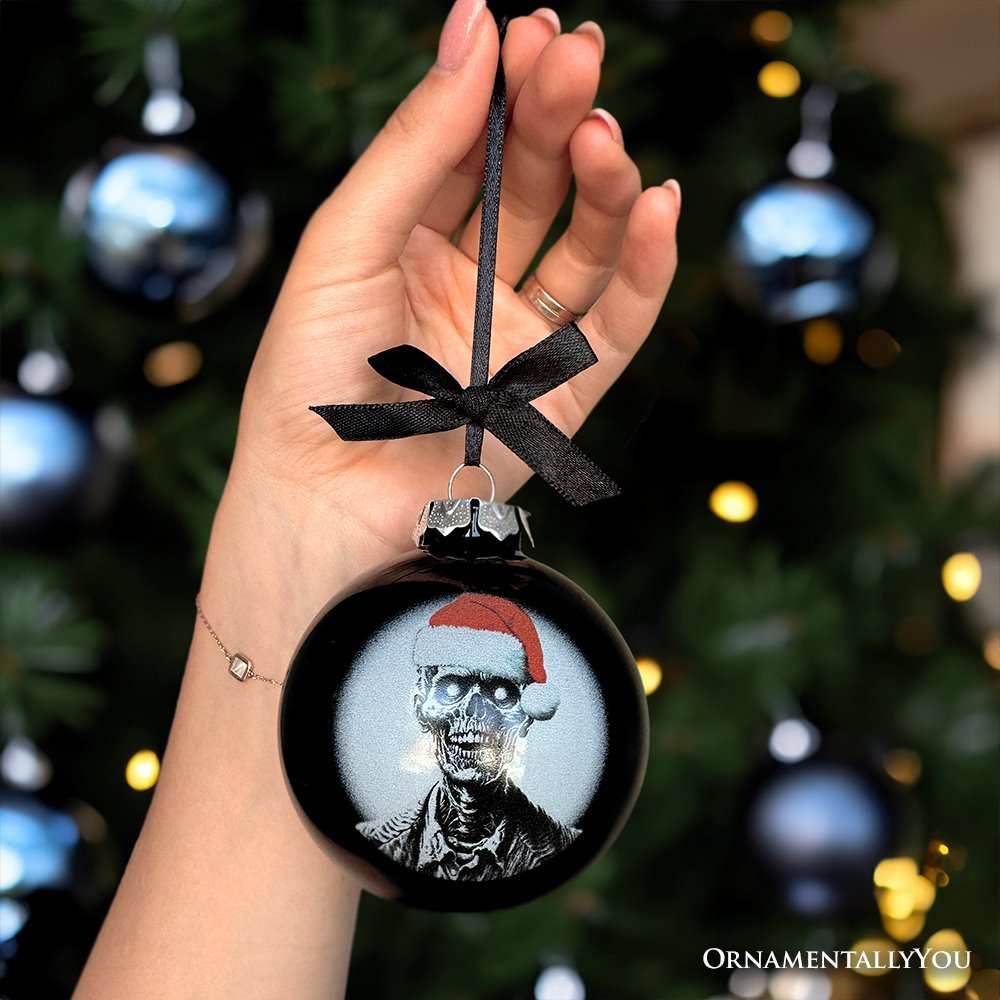 Zombie Christmas Spooky Portrait Glass Ornament, Black Horror Halloween Tree Decoration - 