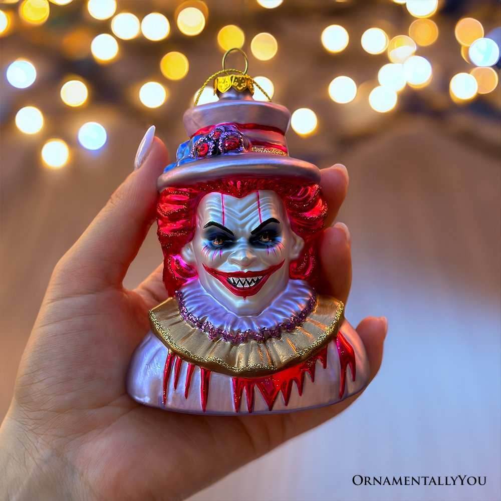 Horror Clown Head Glass Ornament, Gothic Halloween Tree Decor - 