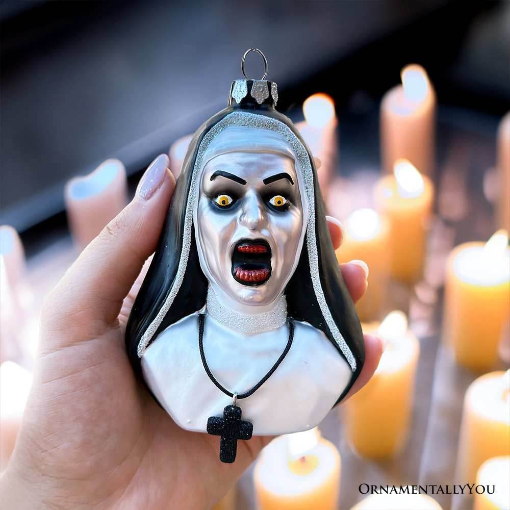 Spooky Decor Creepy Nun Themed Glass Ornament, Halloween Gothic Horror Tree Decoration - 