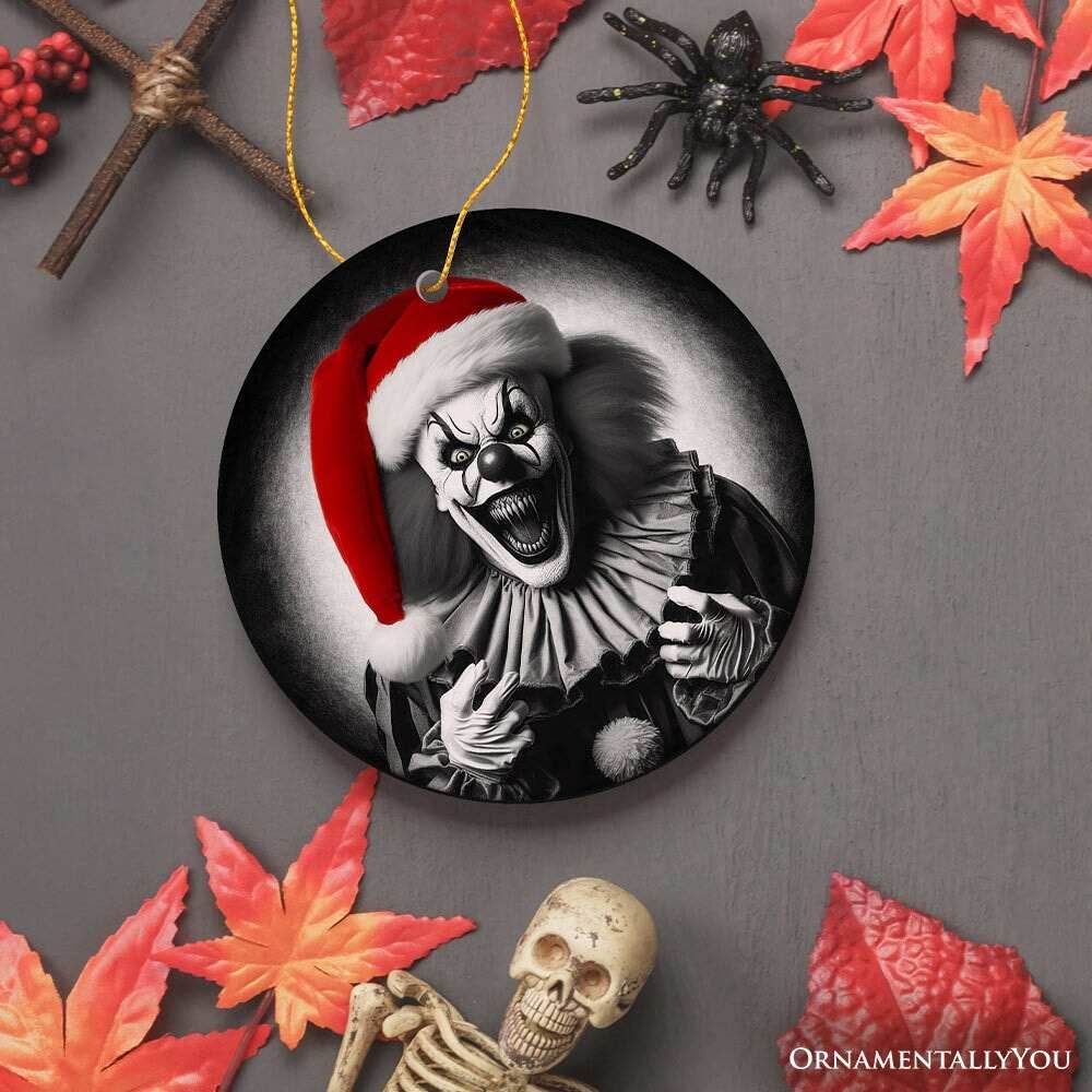 Sinister Santa Clown Ceramic Ornament, Eerie Christmas Decoration for Halloween Tree - Circle