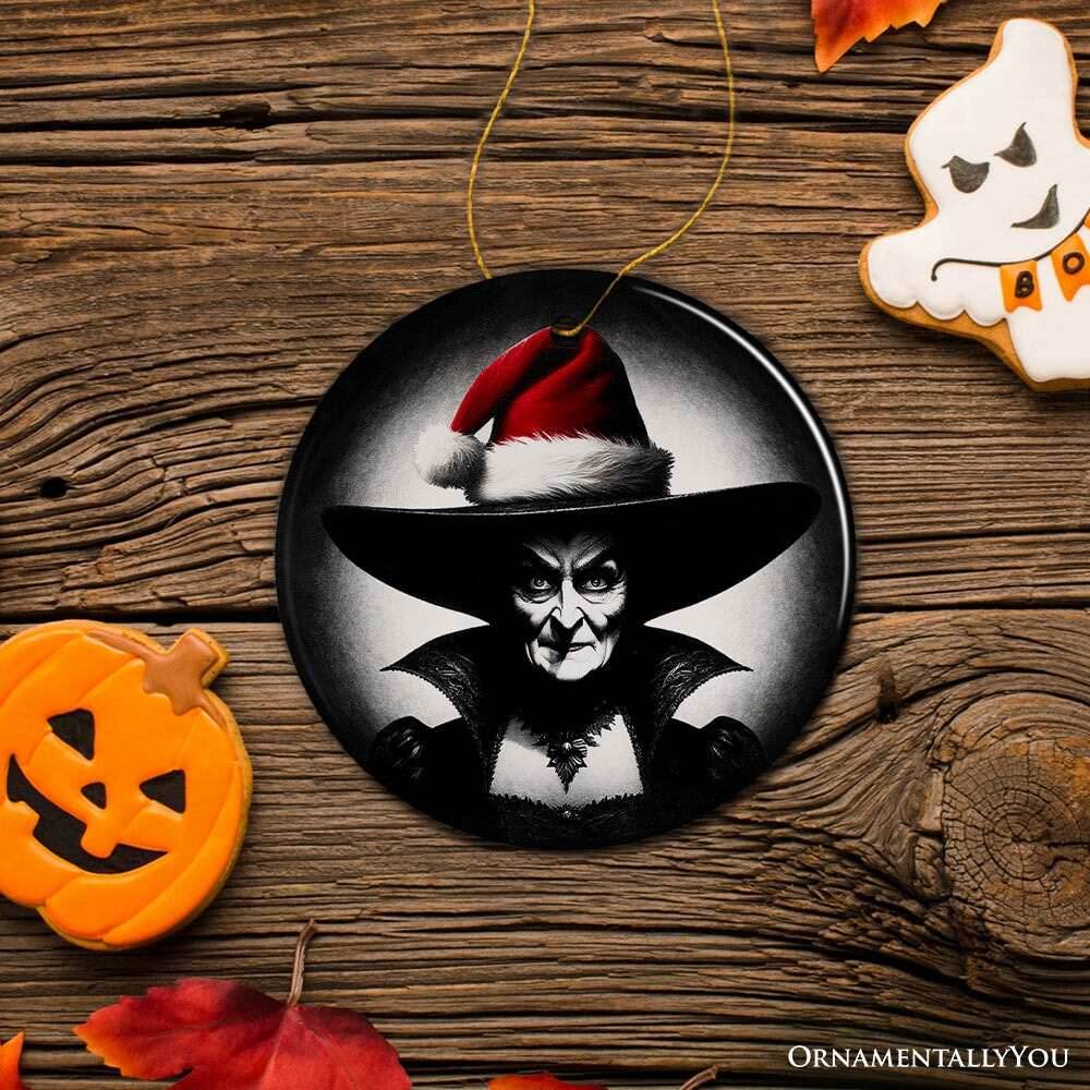 Spooky Witch with Santa Hat Ceramic Ornament, Halloween Themed Christmas Gift and Decor - Circle