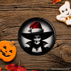 Spooky Witch with Santa Hat Ceramic Ornament, Halloween Themed Christmas Gift and Decor - Circle