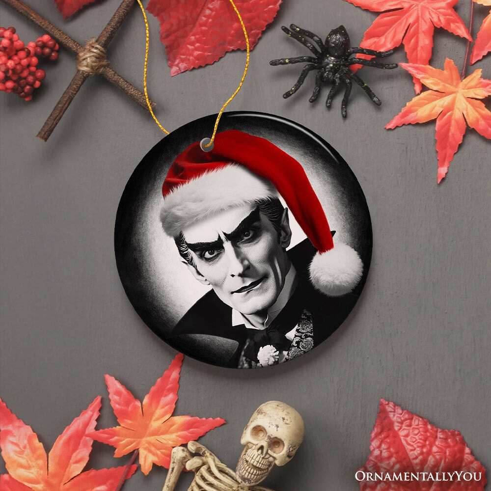 Vintage Dracula with a Santa Hat Ceramic Ornament, Horror Themed Christmas Decor for Halloween Tree - Circle