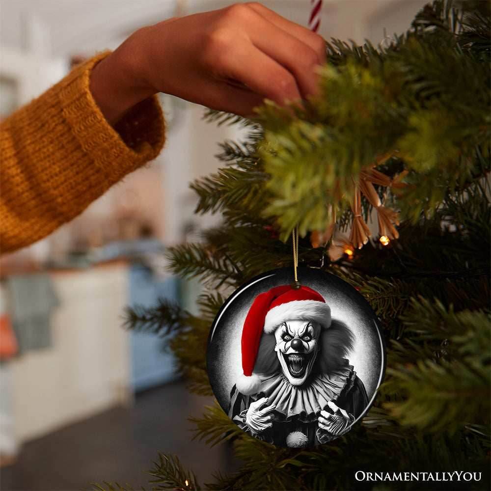 Sinister Santa Clown Ceramic Ornament, Eerie Christmas Decoration for Halloween Tree - Circle