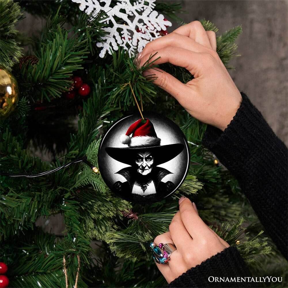Spooky Witch with Santa Hat Ceramic Ornament, Halloween Themed Christmas Gift and Decor - Circle