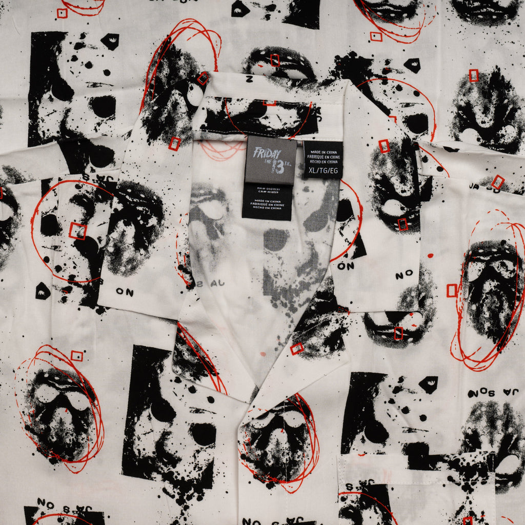 Friday The 13th Jason Rayon Button up Shirt SS Mask Scribble White