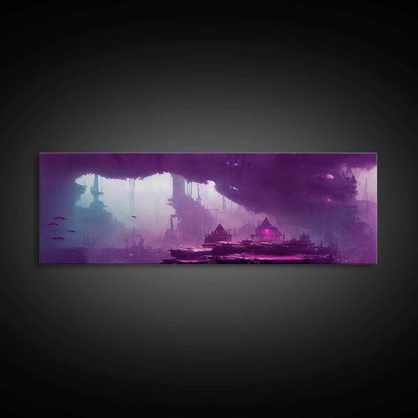 Panoramic Fantasy Underwater City, Purple Art, Extra Large Wall Art, Framed Panoramic Canvas Print, Framed Wall Decor - 10x30 Inches / Gallery Wrap Canvas - Ready To Hang