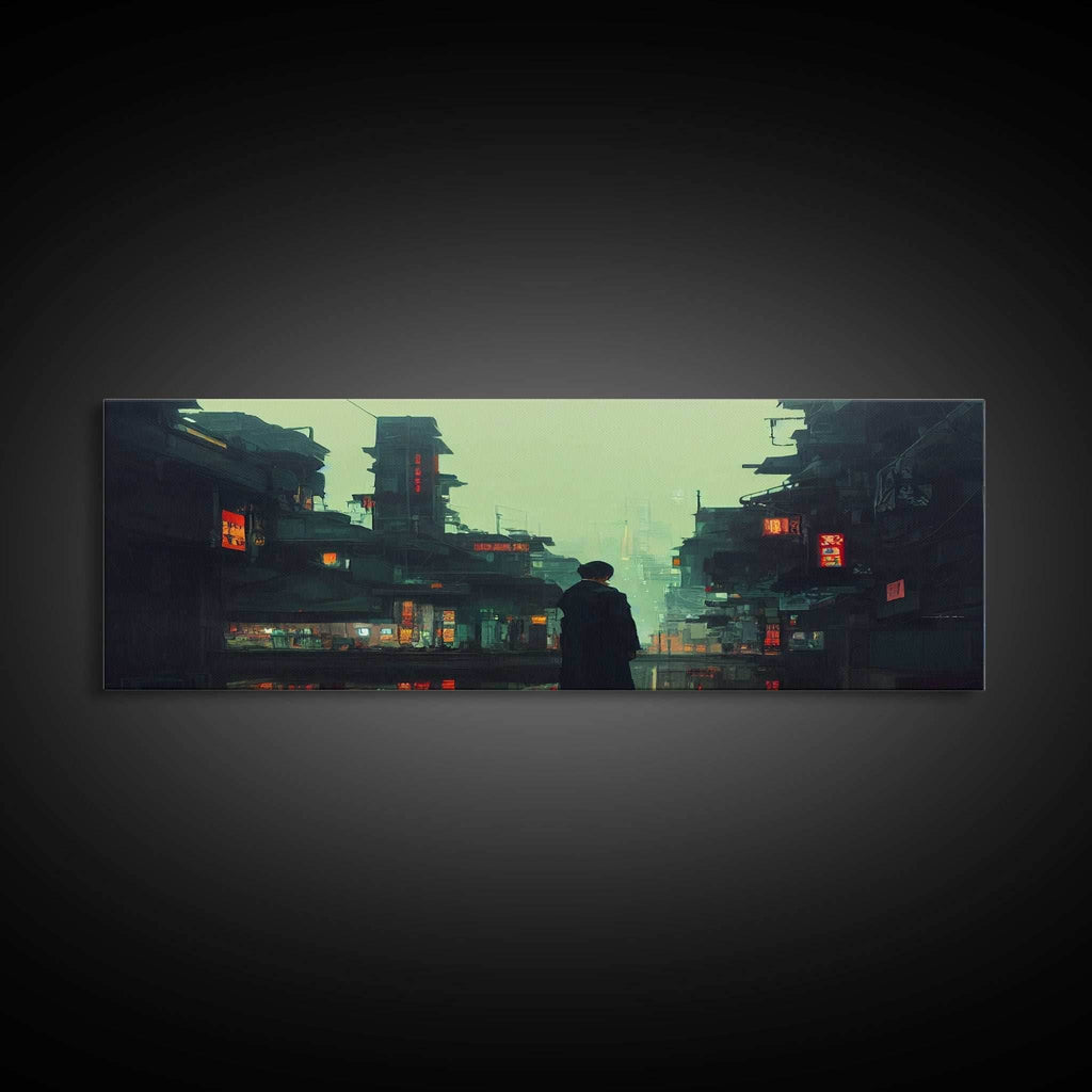 80s style Cyberpunk Japanese City, Retro Punk Tokyo, Framed Canvas Print, Framed Wall Art, Large Panoramic Wall Decor - 10x30 Inches / Gallery Wrap Canvas - Ready To Hang