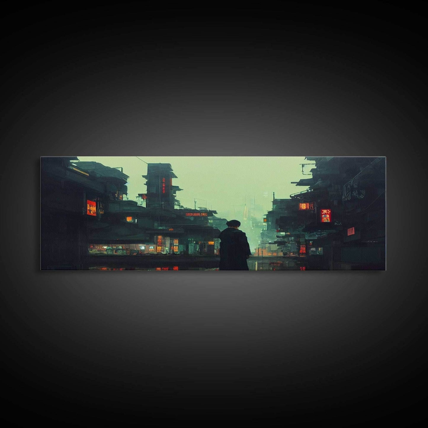 80s style Cyberpunk Japanese City, Retro Punk Tokyo, Framed Canvas Print, Framed Wall Art, Large Panoramic Wall Decor - 10x30 Inches / Gallery Wrap Canvas - Ready To Hang